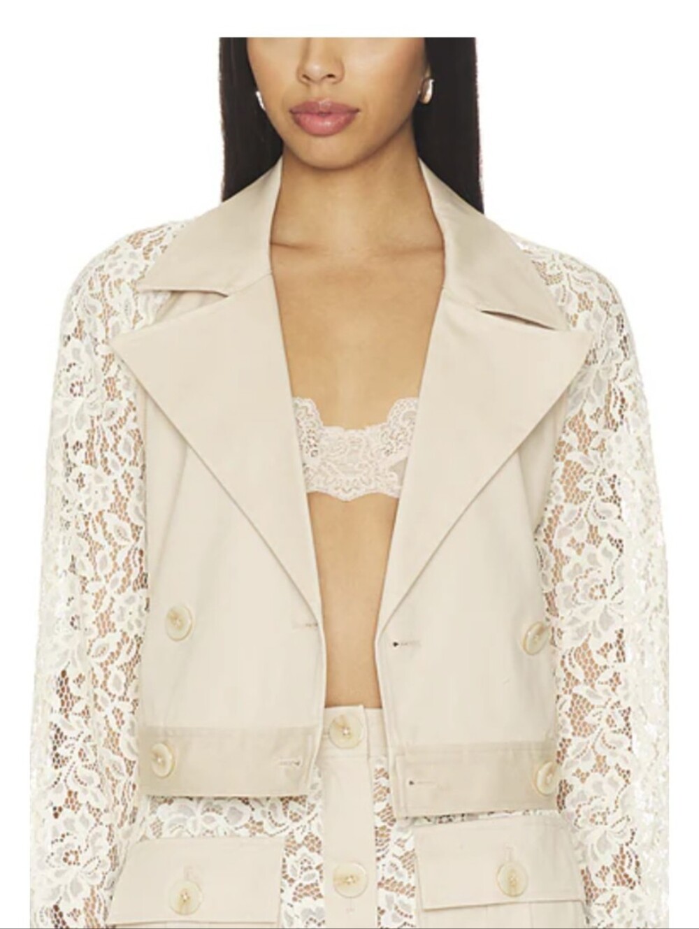 L'AGENCE Novelle Lace-Sleeve Cropped Trench Jacket Small Biscuit/Beige, Cream